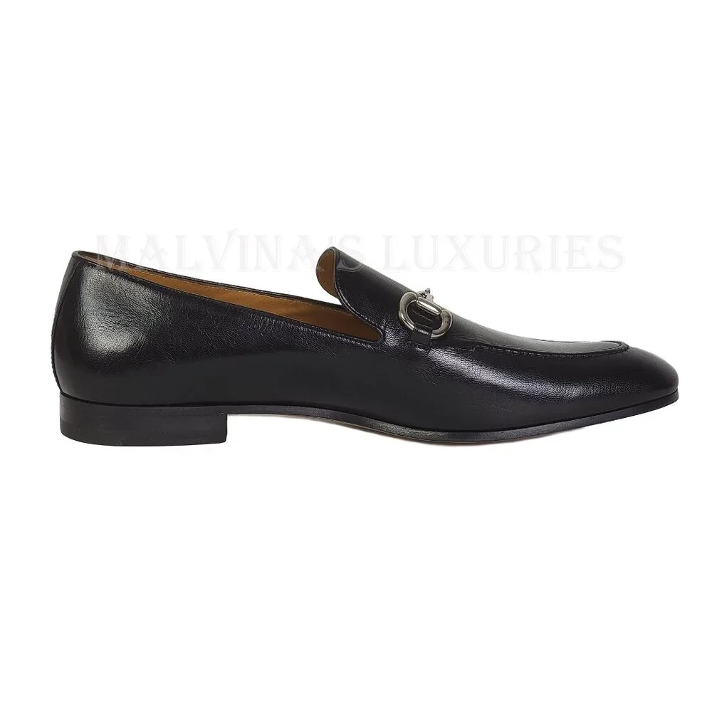 GUCCI SHOES MENS BLACK LEATHER LOAFERS w SILVER TONE HORSEBIT sz 13 13.5 US - Picture 7 of 15